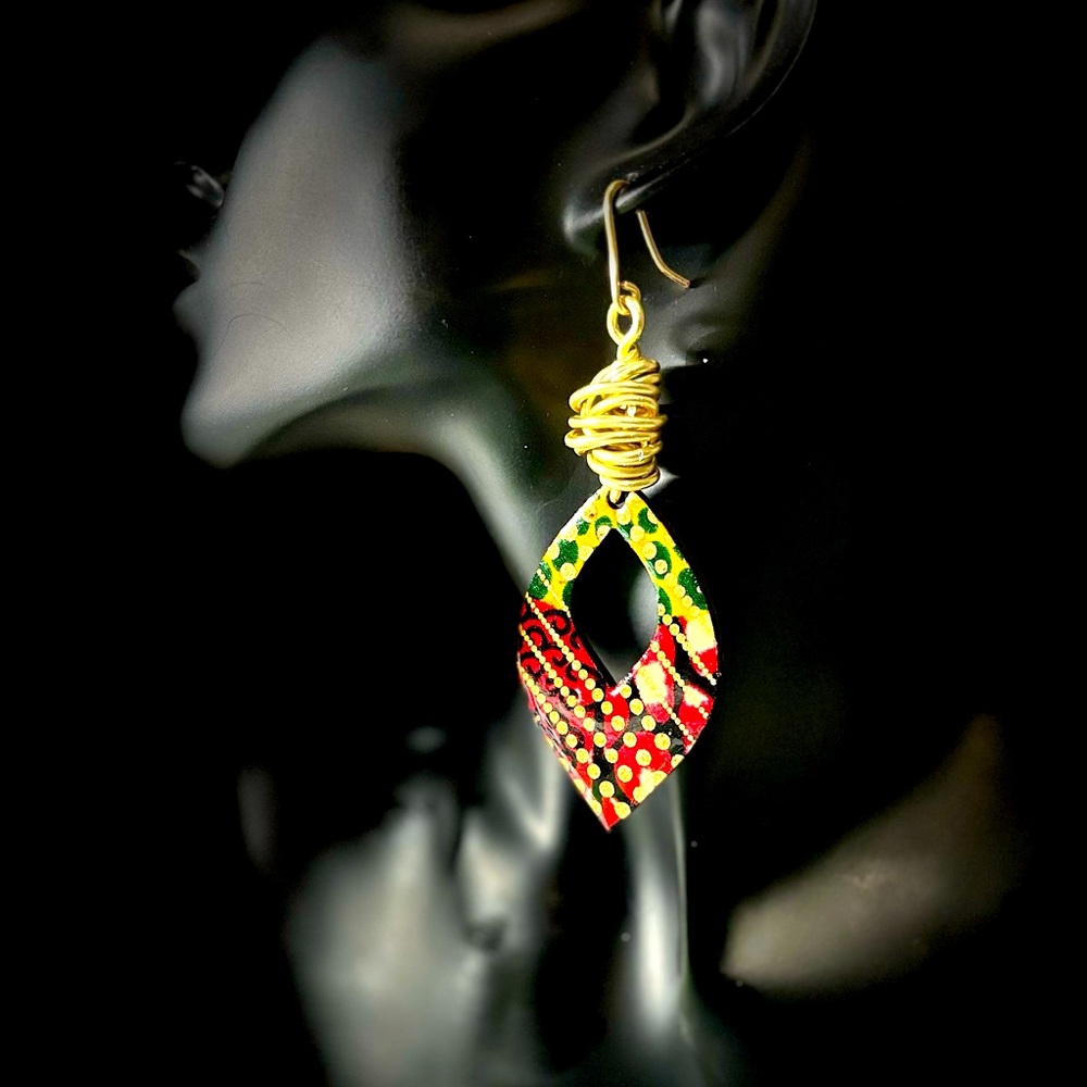 African print laser cut earrings 3.5” drop